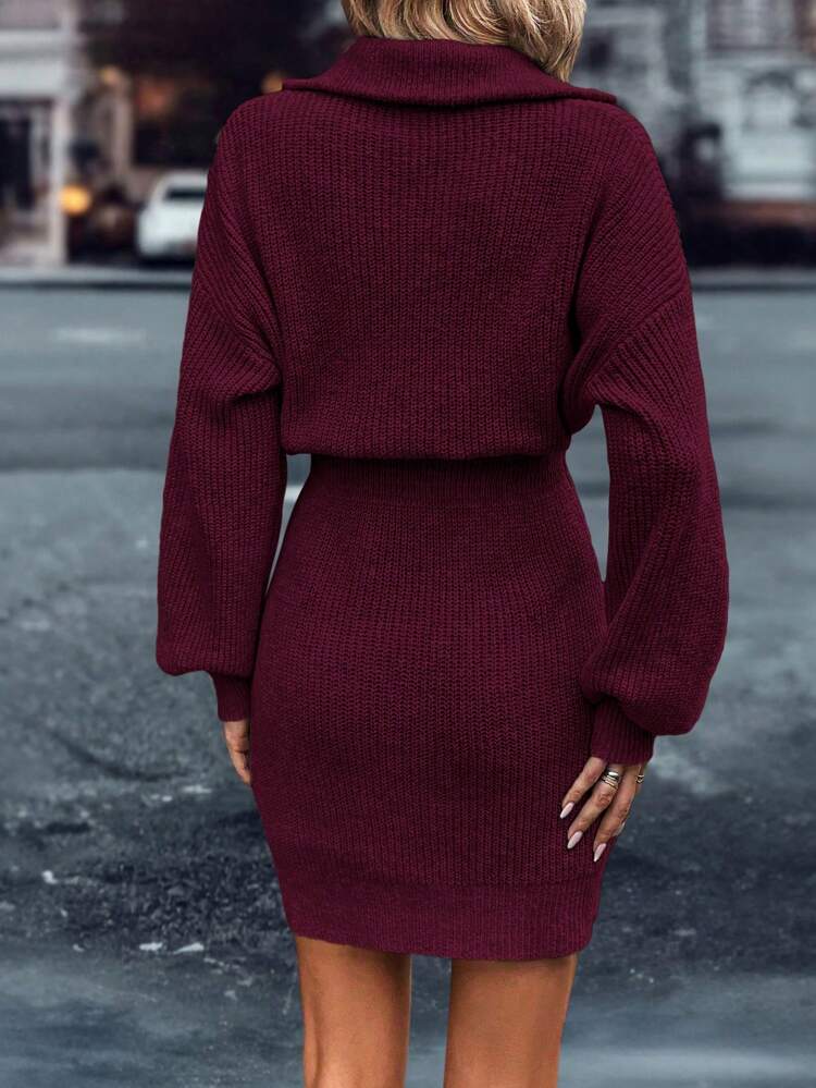 Quarter Zip Drop Shoulder Sweater Dress Fall Winter Cloth For Women
