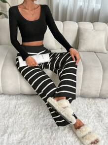 SHEIN LUNE Striped Pattern Wide Leg Knit Pants - Black - View 6