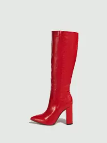 Fall/Winter Classic Crocodile Pattern Zipper Side Pointed Toe Mid-Calf Thick High Heel Boots,Knee High Boots,Party Outfits - Red - View 3