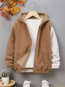 SHEIN Tween Boy Bear Embroidery Two Tone Hooded Teddy Jacket - Khaki - View 3