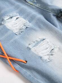 Men Lace Up Ripped Jeans - Light Wash - View 7