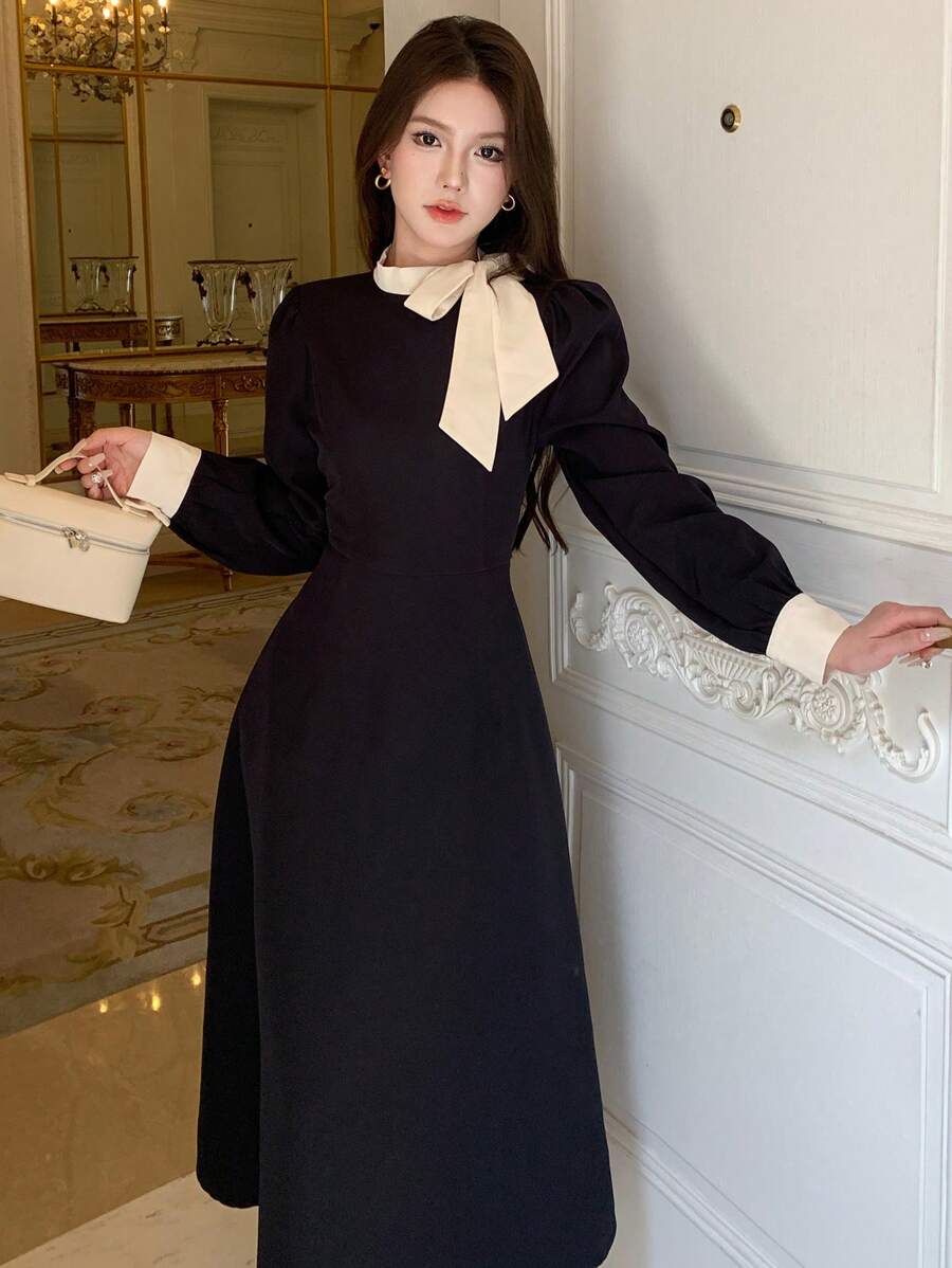 DAZY Homecoming Contrast Color Ruffle Collar Midi Dress For Women, Birthday ,New Year Eve Prom Dress,Fall Clothes,Back To School Clothes Long Sleeve Dress Elegant Women Dresses - Black - View 1