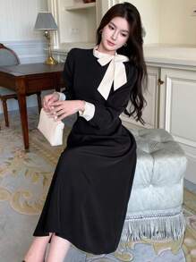 DAZY Homecoming Contrast Color Ruffle Collar Midi Dress For Women, Birthday ,New Year Eve Prom Dress,Fall Clothes,Back To School Clothes Long Sleeve Dress Elegant Women Dresses - Black - View 3