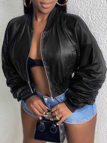 Slaydiva Zip Up Crop PU Leather Bomber Jacket - Black - View 1