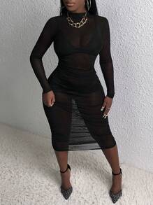 Slaydiva Mock Neck Ruched Mesh Bodycon Dress Without Lingerie Set - Black - View 1
