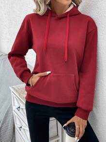 SHEIN LUNE Kangaroo Pocket Drop Shoulder Thermal Drawstring Hoodie - Red - View 1