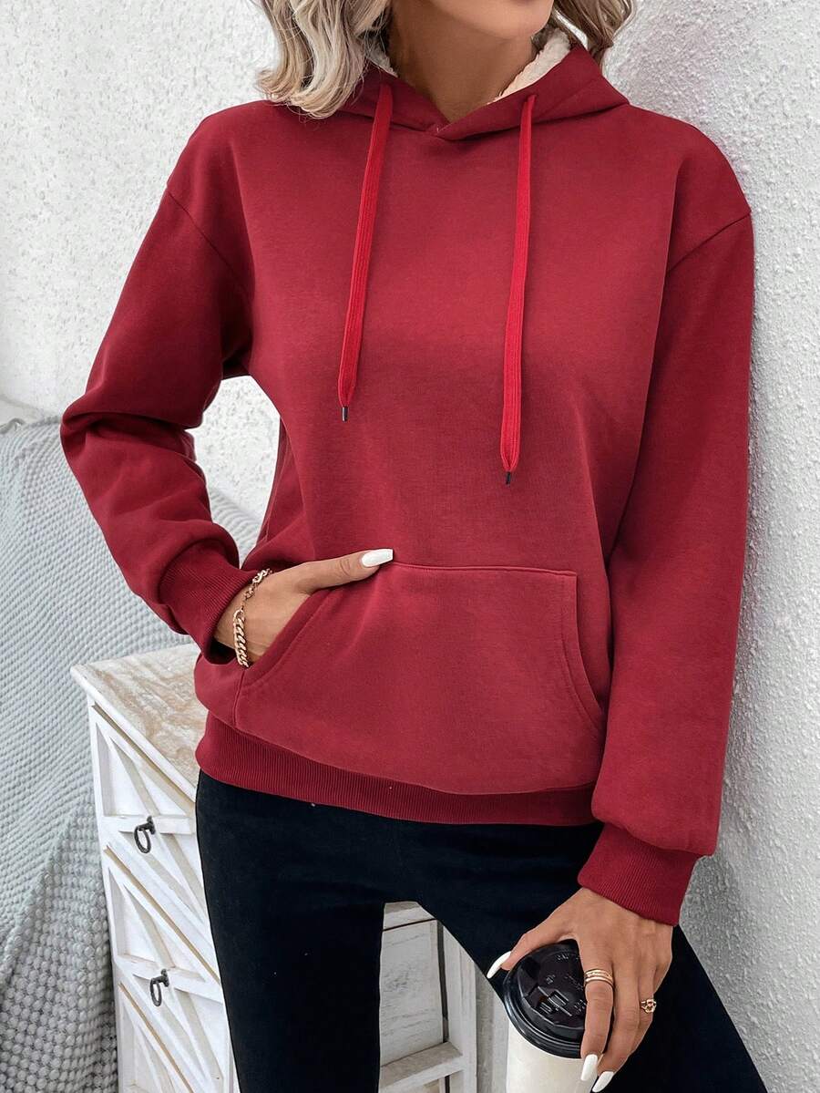 SHEIN LUNE Kangaroo Pocket Drop Shoulder Thermal Drawstring Hoodie - Red - View 1