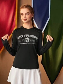 HARRY POTTER X SHEIN Áo nỉ thể thao có dây rút, in chữ, in hình. - màu đen - Xem 5
