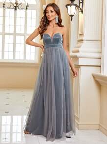 SHEIN Belle Vestido de vestir bajo con malla - Plateado - Ver 4