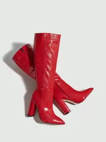 Fall/Winter Classic Crocodile Pattern Zipper Side Pointed Toe Mid-Calf Thick High Heel Boots,Knee High Boots,Party Outfits - Red - View 5