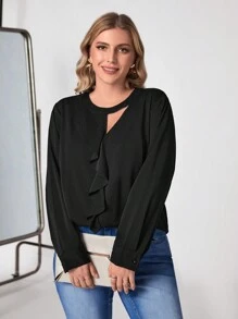 SHEIN Clasi Talla grande Blusa ribete con fruncido con abertura - Negro - Ver 4