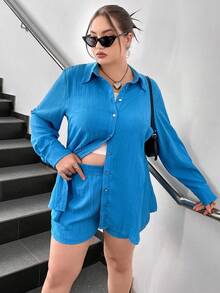 Flirla Plus Solid Button Front Shirt & Shorts - Blue - View 6