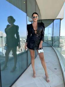 Zolique Solid PU Leather Puff Sleeve Belted Coat - Black - View 1