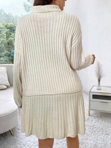 Calvaya Plus Turtleneck Drop Shoulder Sweater & Knit Skirt Fall Cloth For Women - Apricot - View 3