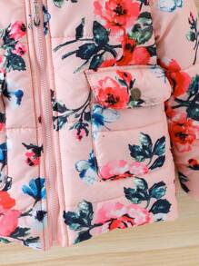 SHEIN Young Girl Floral Print Fuzzy Trim Hooded Padded Coat Without Sweater - Pink - View 5