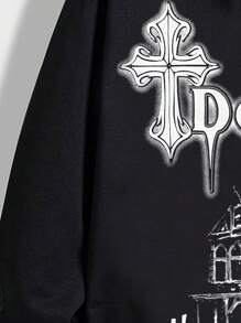 ROMWE MEN Goth Guys Letter & Building Print Drawstring Hoodie - Black - View 3