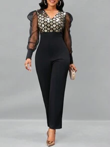 SHEIN Lady Lưới tương phản Tay áo In kẻ sọc Tương phản Sequin Áo nịt ngực Áo liền quần - Nhiều màu - Xem 1