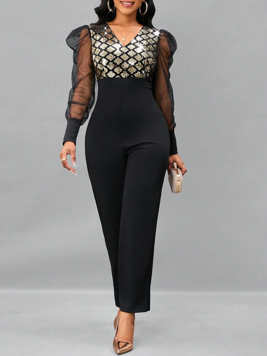 SHEIN Lady Lưới tương phản Tay áo In kẻ sọc Tương phản Sequin Áo nịt ngực Áo liền quần - Nhiều màu - Xem 1