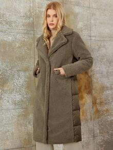 Solid Hooded Teddy Padded Coat - Coffee Brown - View 3