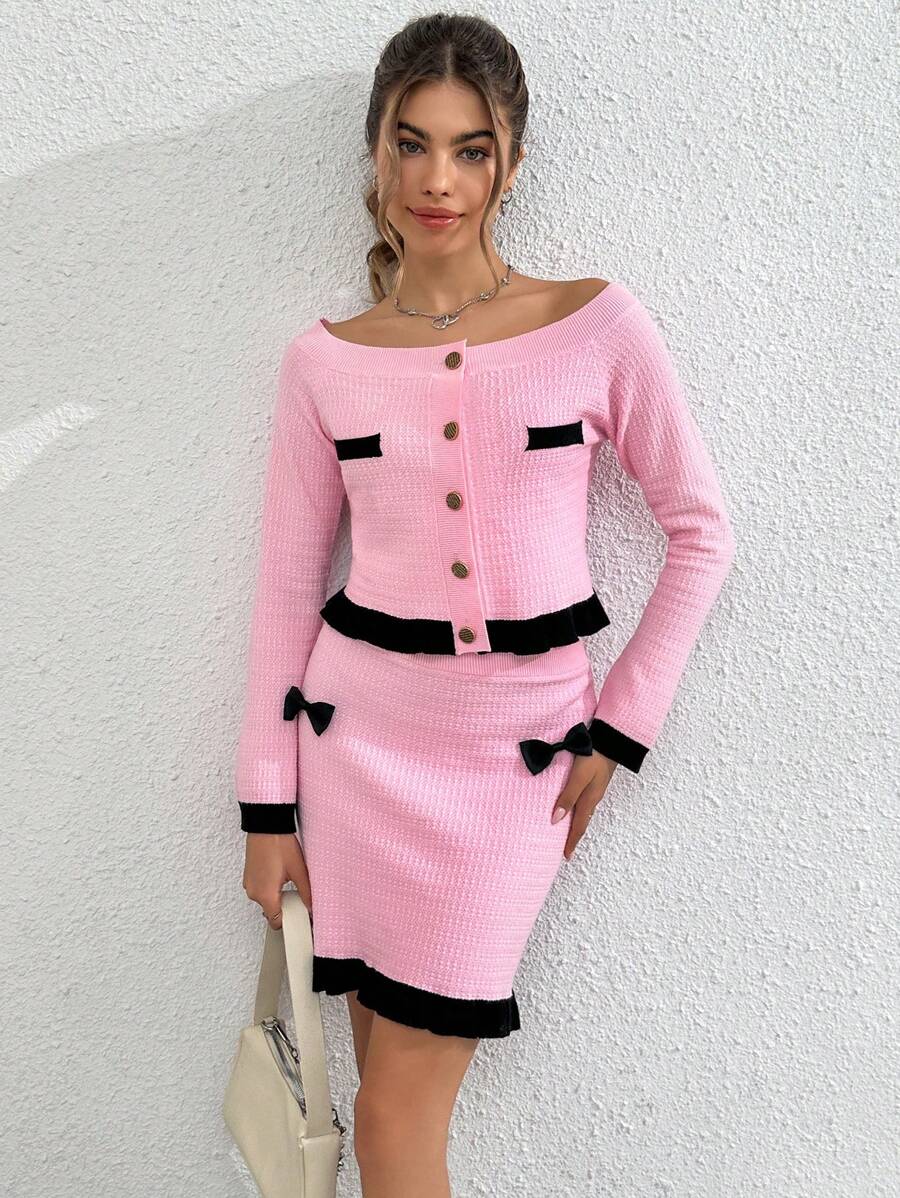 SHEIN Qutie Contrast Trim Off Shoulder Cardigan & Knit Skirt - Pink - View 1