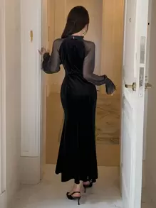 DAZY 撞色网纱荷叶袖美人鱼裙摆天鹅绒连衣裙，生日、新年、舞会礼服，秋季长袖连衣裙，优雅女士连衣裙