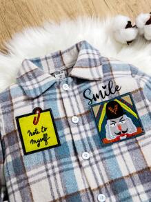 Young Boy Plaid & Letter Graphic Patched Detail Shirt - Blue and White - View 5