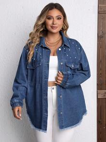 SHEIN LUNE Plus Pearls Beaded Drop Shoulder Raw Cut Denim Jacket - Blue - View 3