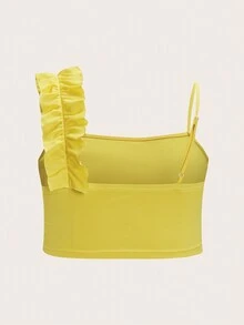 Calvaya 大碼不對稱領荷葉邊短款上衣 - 黃色 - 查看 2