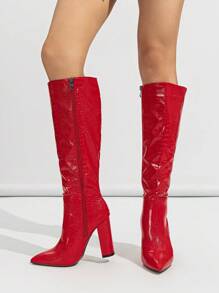 Fall/Winter Classic Crocodile Pattern Zipper Side Pointed Toe Mid-Calf Thick High Heel Boots,Knee High Boots,Party Outfits - Red - View 2