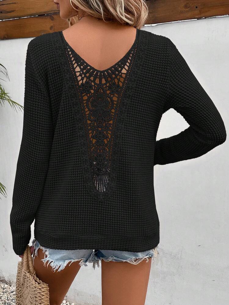 Guipure Lace Insert Tee Winter Black Casual