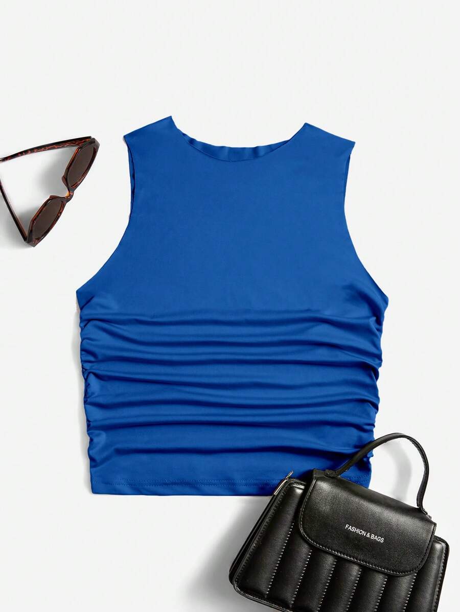 SHEIN EZwear Solid Ruched Crop Tank Top - Blue - View 1