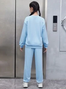 青少年女孩字母圖案落肩袖套頭衫和運動褲 - 淺藍色 - 查看 2