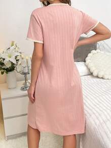 Camisón de noche con botones y ribete de contraste, Moo Moo - Rosa - Ver 2