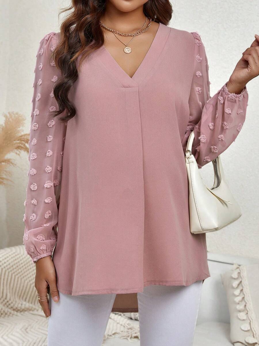 SHEIN Thai sản Chấm Swiss Tay áo lồng đèn Áo sơ mi - Bụi hồng - Xem 1