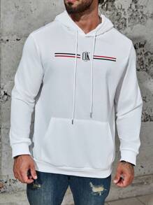 Manfinity Homme Men Plus Striped & Letter Graphic Kangaroo Pocket Drawstring Hoodie - White - View 1