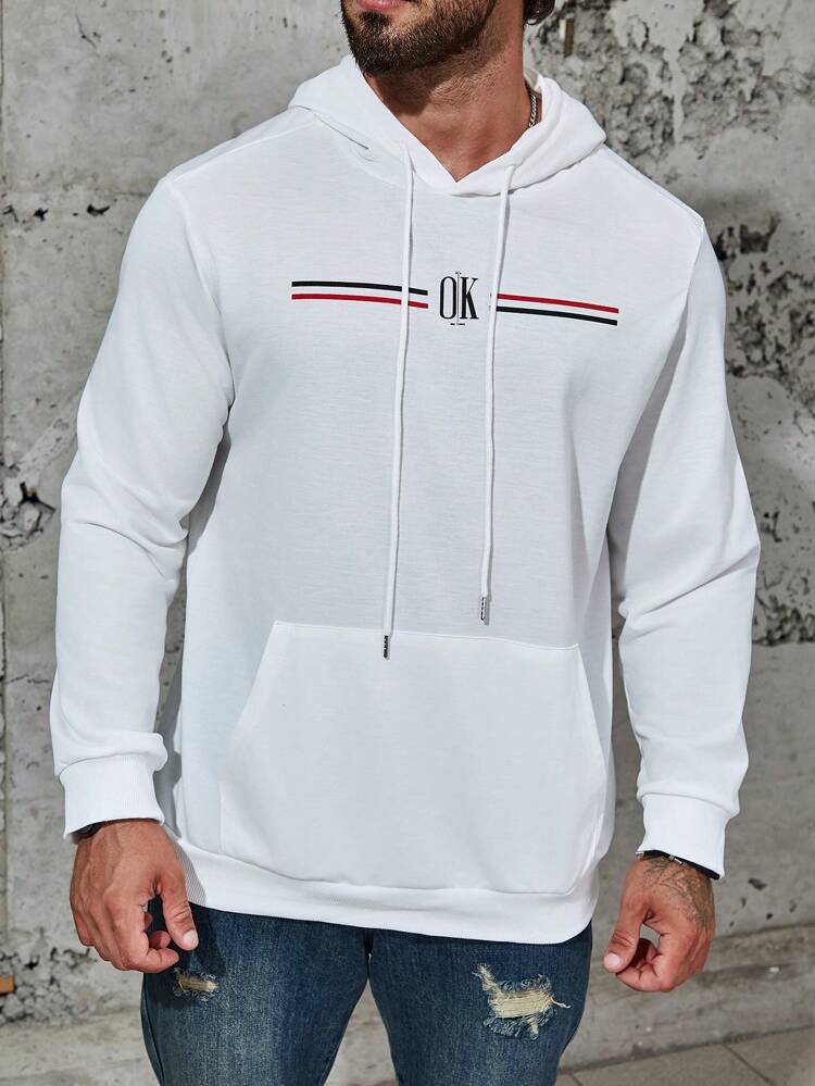 Men Plus Striped & Letter Graphic Kangaroo Pocket Drawstring Hoodie