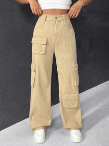 SHEIN Frenchy Flap Pocket Cargo Jeans - Blue - View 1