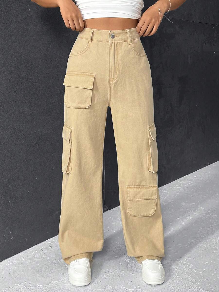 SHEIN Frenchy Flap Pocket Cargo Jeans - Blue - View 1