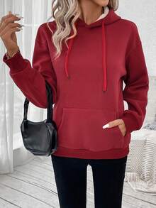 SHEIN LUNE Kangaroo Pocket Drop Shoulder Thermal Drawstring Hoodie - Red - View 4