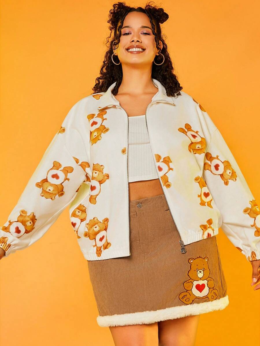 SHEIN X Care Bears Hơn In Gấu Hoạt hình Thả vai Áo khoác Mùa Xuân Và Mùa thu Phong cách - Màu be - Xem 1