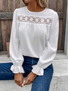 SHEIN Unity 水溶蕾絲拼接喇叭袖襯衫 - 白色 - 查看 4