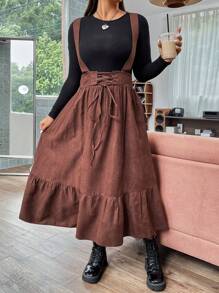 Flirla Hơn Lace lên phía trước Xù Hoa Sen Đầm Tổng thể Without Tee - Cà phê nâu - Xem 7