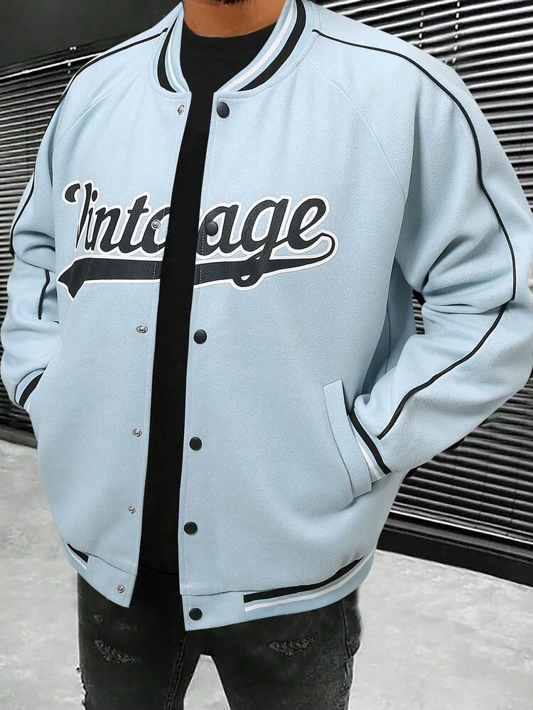 Loose Fit Men's Letter Printed Bomber Jacket With Raglan Sleeves And Contrast Piping