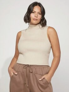 SHEIN BASICS 大碼1 入組高領羅紋針織上衣 - 杏色 - 查看 7