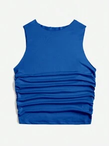 SHEIN EZwear Solid Ruched Crop Tank Top - Blue - View 3