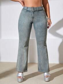 SHEIN ICON 大碼搭扣腰帶牛仔喇叭褲 - 銅色 - 查看 5