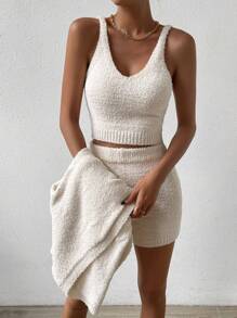 Calvaya Solid Cami Knit Top & Knit Shorts & Drop Shoulder Cardigan