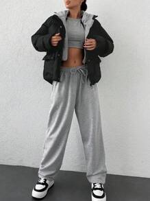 EURMUSE Zip Up Snap Button Hooded 2 In 1 Puffer Coat - Black - View 5