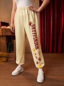 HARRY POTTER X SHEIN 大碼字母圖案衛褲 - 杏色 - 查看 4
