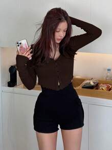 DAZY Solid Button Front Crop Tee - Coffee Brown - View 7